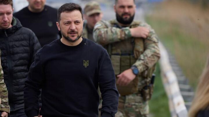 Ukrainian President Volodymyr Zelensky visit the frontline positions in the Donetsk region on April 19, 2024.