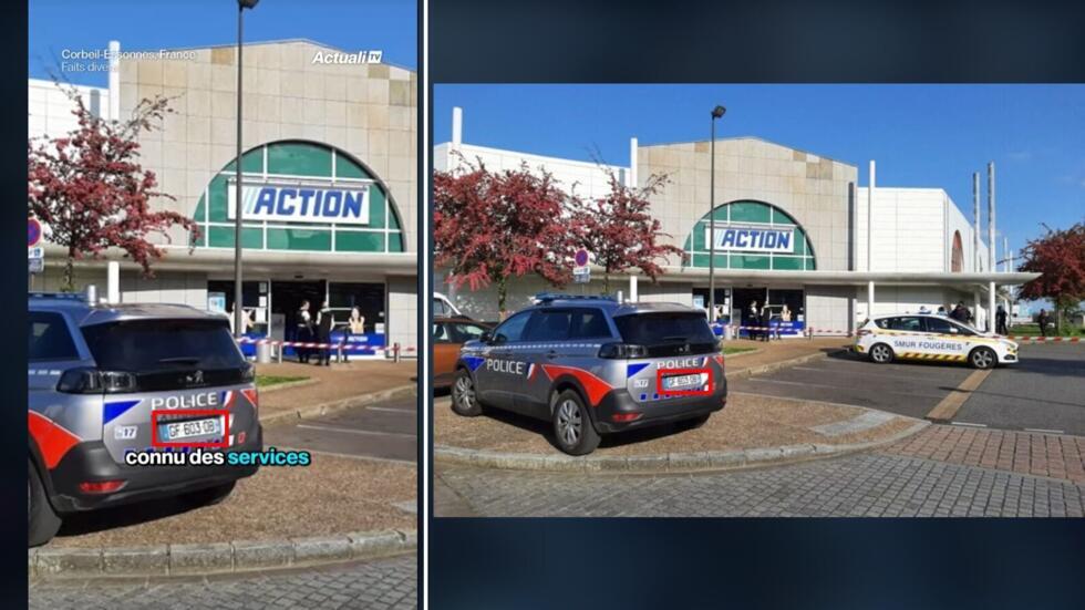 A gauche : capture d’écran de la vidéo de actuali.tv2. A droite : photo prise en mai 2023 devant le magasin Action de Fougères (Ille-et-Vilaine) lorsqu’un gaz lacrymogène avait été utilisé dans le magasin.