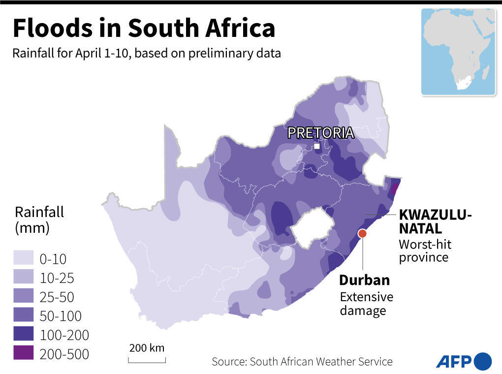 Carte de l'Afrique du Sud, montrant les régions qui ont connu le plus de précipitations ces derniers jours