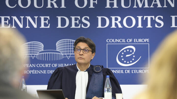 President of the European Court of Human Rights Mattias Guyomar speaks before issuing a judgment about alleged Russian violations in Ukraine since 2014, including the downing of MH17.