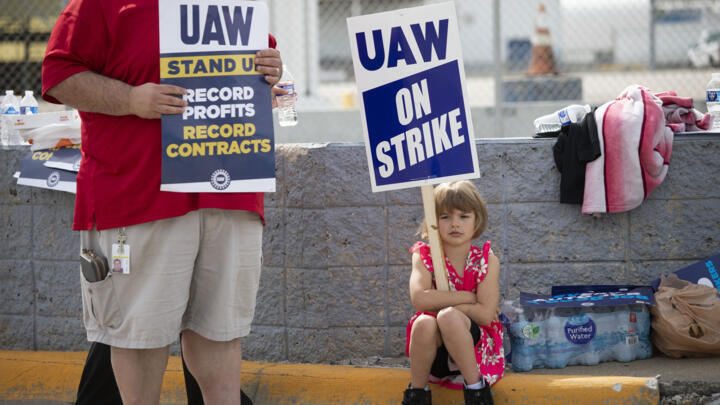 On the picket line in Wayne, Michigan on September 16, 2023.
