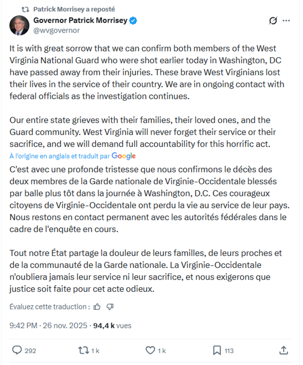 Screenshot of a post by West Virginia Governor Patrick Morrisey on Wednesday November 26, 2025.