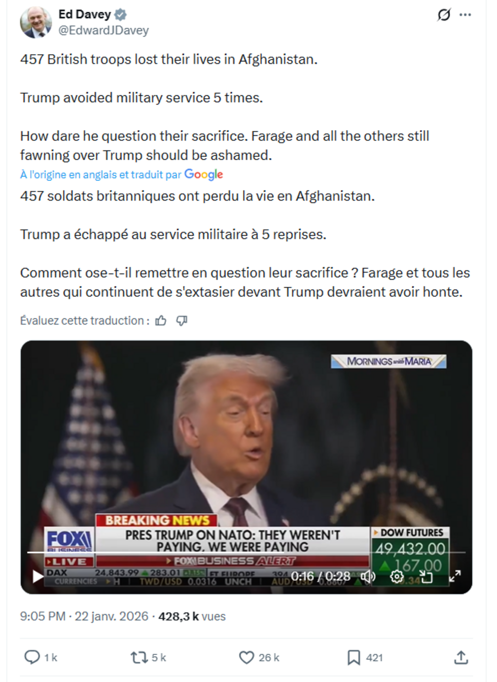 Une capture d'écran d'une publication sur X de EdwardJDavey, le 23 janvier 2026