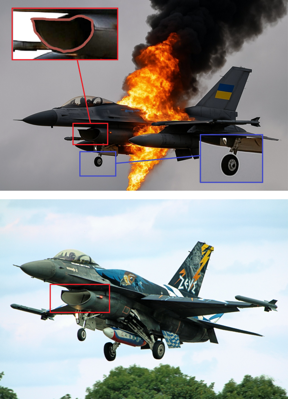 En haut, l'image créée par IA partagée sur les réseaux sociaux. En bas, une vraie photographie d'un F-16. Détourages par la rédaction des Observateurs.