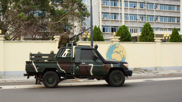 A military armoured vehicle deployed in front of the headquarters of Benin's radio and television station in Cotonou on December 8, 2025.