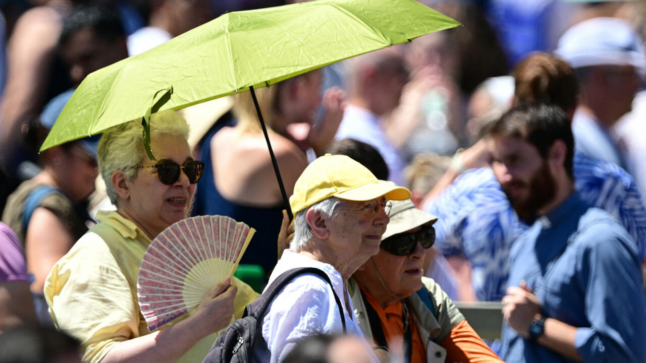 La gente permanece de pie bajo el calor mientras el Papa León XIV se dirige a la multitud desde la ventana del palacio apostólico con vistas a la plaza de San Pedro durante el rezo del Ángelus en el Vaticano el 29 de junio de 2025.