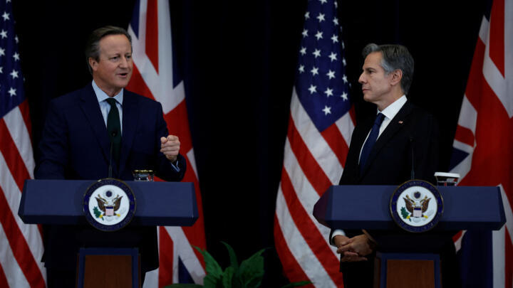British Foreign Secretary David Cameron speaks during a joint press conference with US Secretary of State Antony Blinken at the State Department in Washington, US, December 7, 2023.