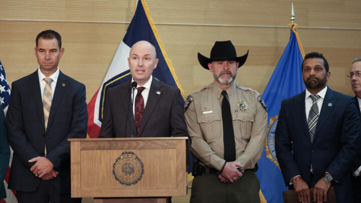 (L-R) Utah Department of Public Safety Beau Mason, Utah Governor Spencer Cox, Sheriff Mike Smith and FBI director Kash Patel attend a press conference outside the Doterra Auditorium at Utah Valley Uni