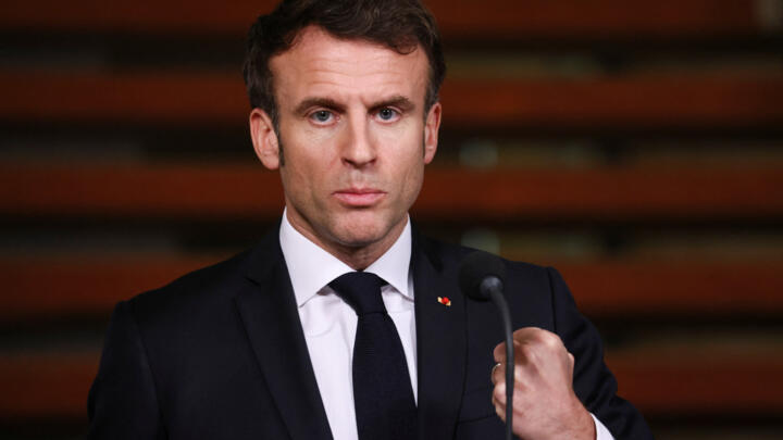 French President Emmanuel Macron reacts, at a joint news conference held with Dutch Prime Minister Mark Rutte, in The Hague, Netherlands January 30, 2023.