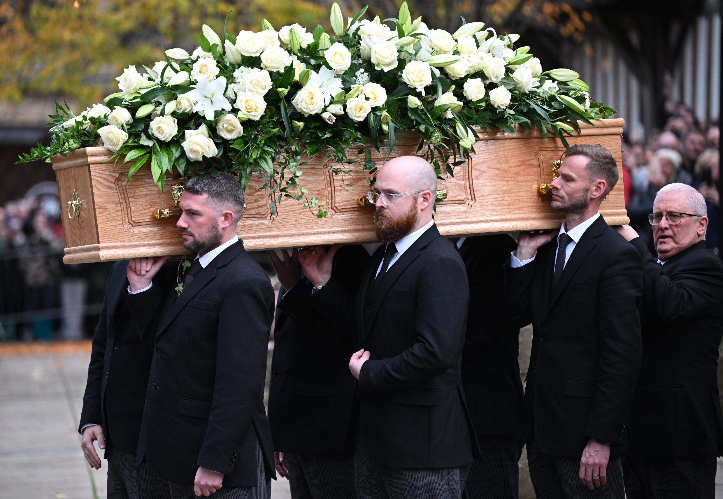 Pallbearers carry the coffin of England World Cup winner Bobby Charlton at Manchester Cathedral