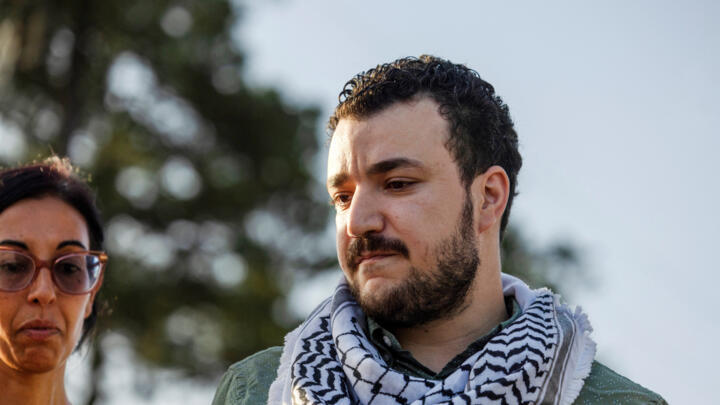 Columbia University graduate Mahmoud Khalil speaks to media after being released from immigration custody in Jena, Louisiana, U.S. June 20, 2025.