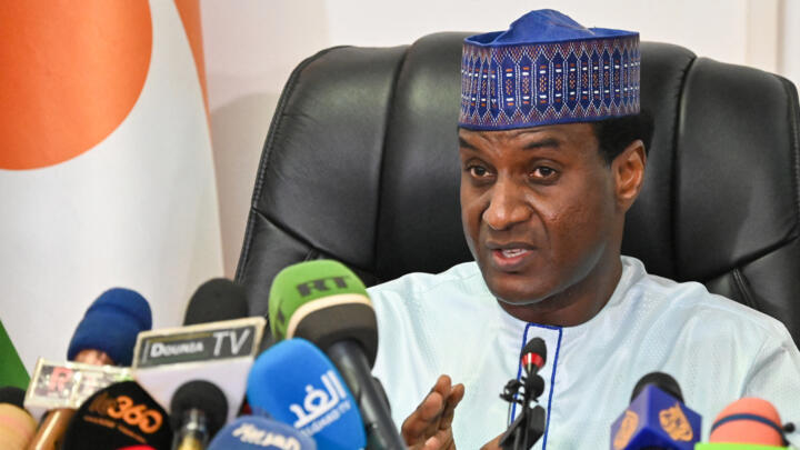 Niger's Prime Minister Ali Mahaman Lamine Zeine at a press conference in Niamey on September 4, 2023. 
