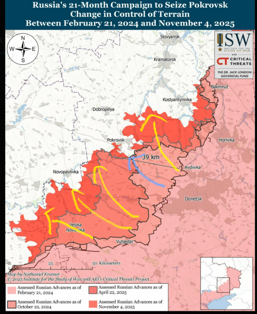 Une carte de l'Institute for the study of war (ISW), un groupe de réflexion basé aux États-Unis, montre l'avancée des troupes russes dans la région de Donetsk dans l'est de l'Ukraine.