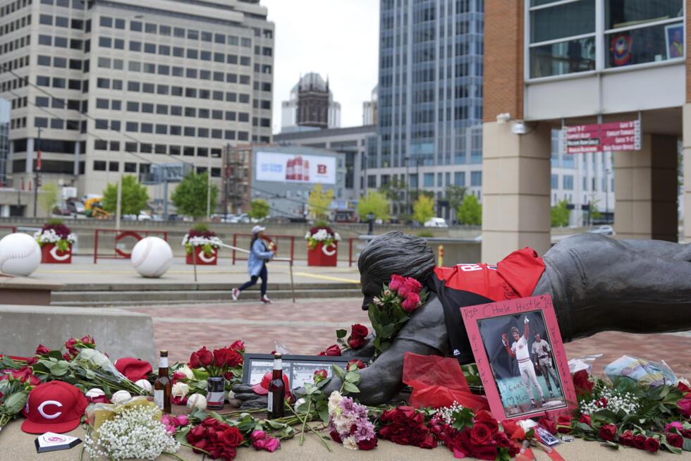 Aficionados dejan flores y recuerdos en la estatua de Pete Rose a las afueras del estadio Great American de Cincinnati, para homenajear al ex bateador al día siguiente de su muerte. 1 de octubre de 2024