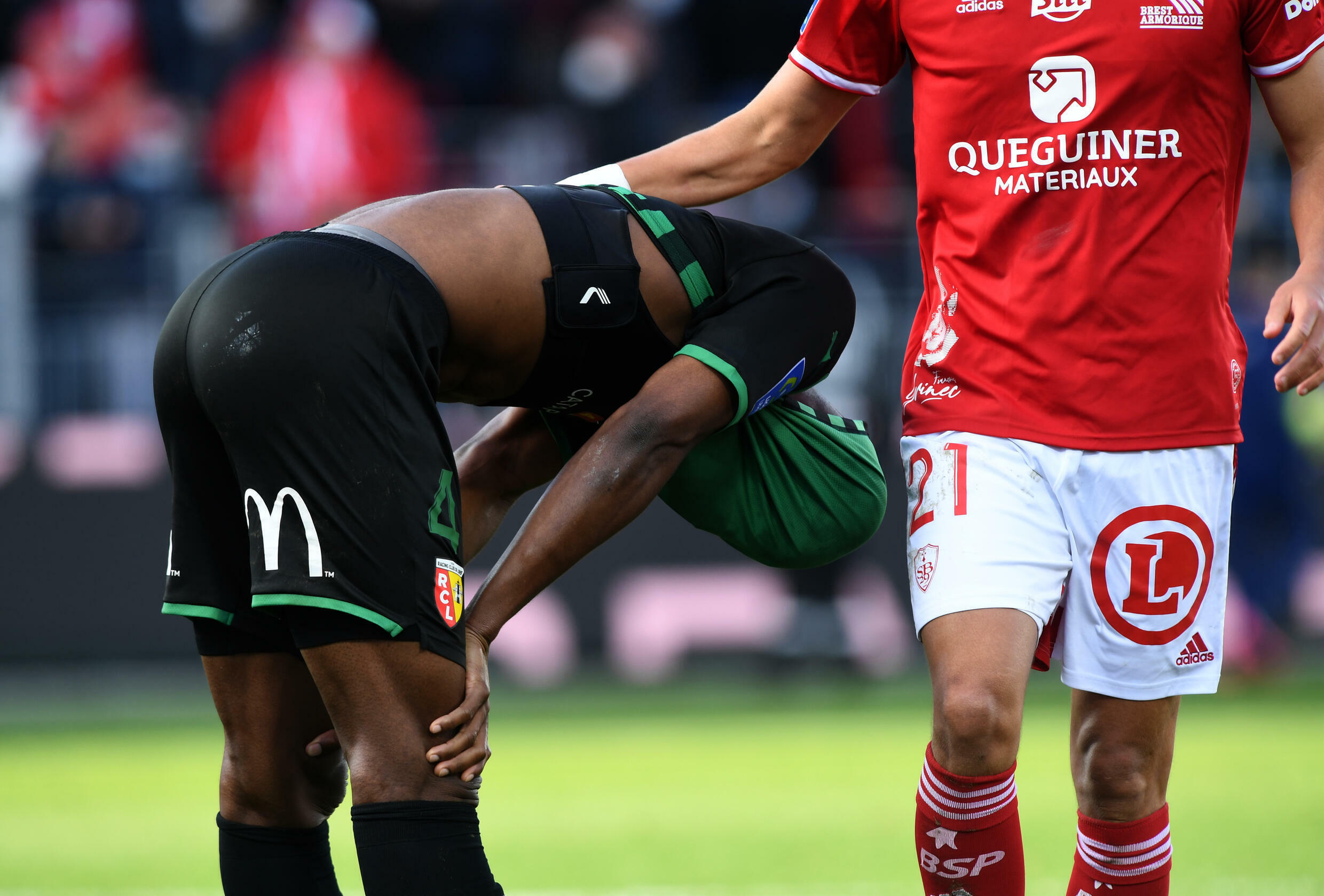 Lens defender Kevin Danso reacts after his side's 4-0 defeat at Brest