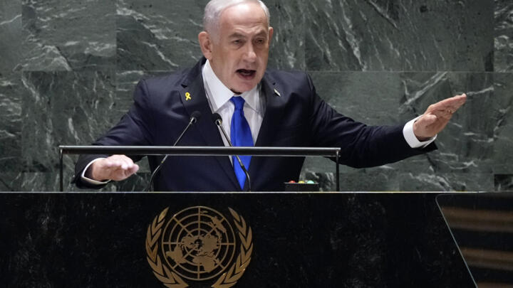 Israel Prime Minister Benjamin Netanyahu addresses the 79th session of the United Nations General Assembly, Friday, Sept. 27, 2024.