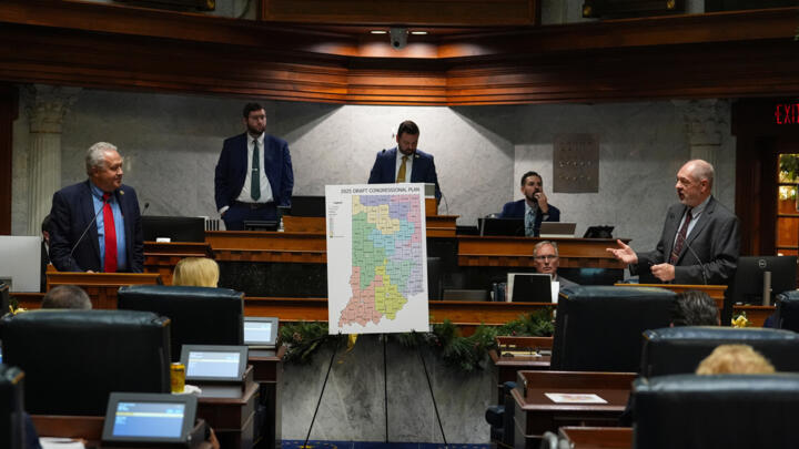 Republican Indiana State Senators before a vote to redistrict the state's congressional map, December 11, 2025, in Indianapolis.