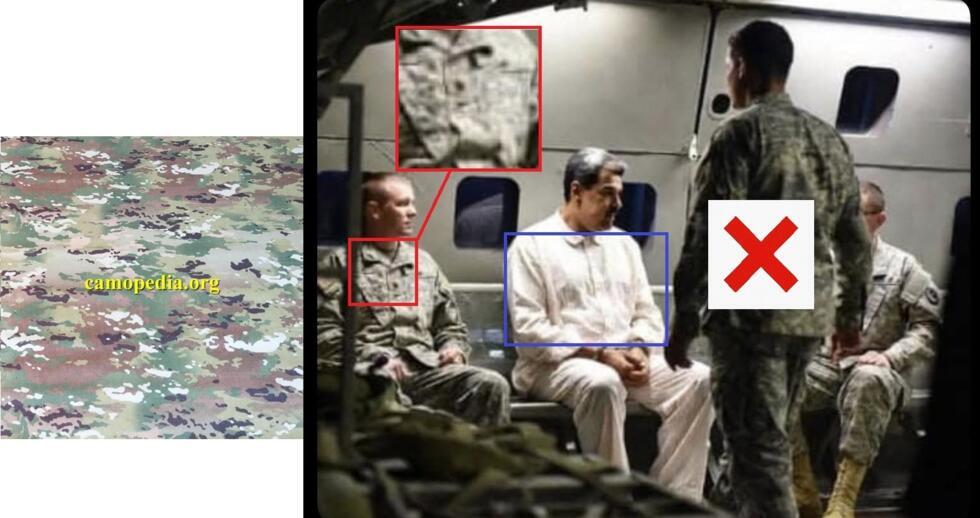 Deze afbeelding van Nicolas Maduro in pyjama werd op 3 januari 2026 gepubliceerd op X. In werkelijkheid is deze hoogstwaarschijnlijk gegenereerd door kunstmatige intelligentie. Aan de linkerkant zie je de reguliere camouflageprint die wordt gebruikt in Amerikaanse militaire uniformen, die verschilt van de camouflage die op de afbeelding verschijnt. Ons team heeft contouren aan de afbeeldingen toegevoegd.