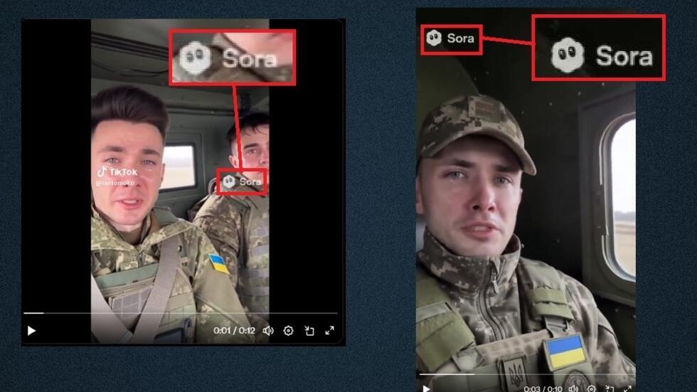These fake videos of Ukrainian soldiers being deployed to Pokrovsk feature the watermark of artificial intelligence video generator Sora.
