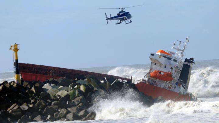 Sailors rescued after cargo ship splits off French coast