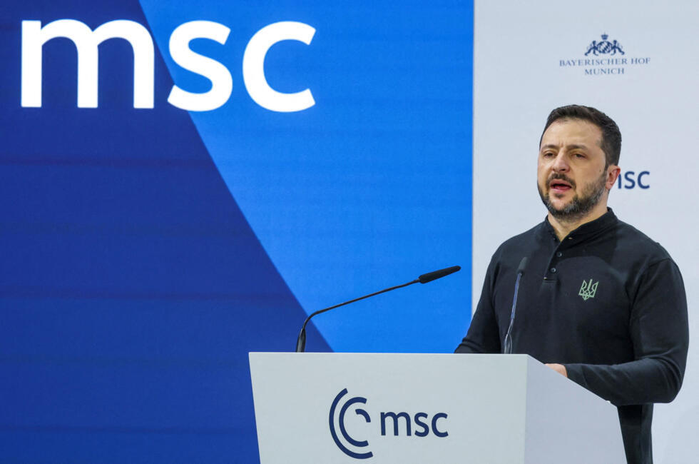 El Presidente de Ucrania, Volodímir Zelenski habla durante la Conferencia de Seguridad de Munich (MSC) en Munich, Alemania, 15 de febrero de 2025.