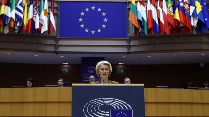 European Commission President Ursula von der Leyen addresses the EU Parliament in Brussels, Belgium, on November 8, 2023.