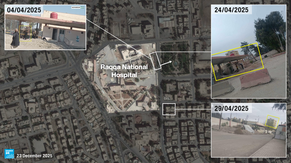 Mapping of the Raqqa National Hospital paired with social media imagery documenting the excavation of tunnels near one of the hospital's entrances.