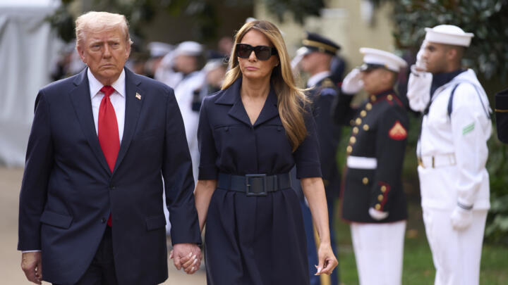 President Donald Trump and first lady Melania Trump arrive for a ceremony to commemorate the 24th anniversary of the 9/11 attacks on September 11, 2025, at the Pentagon in Washington.