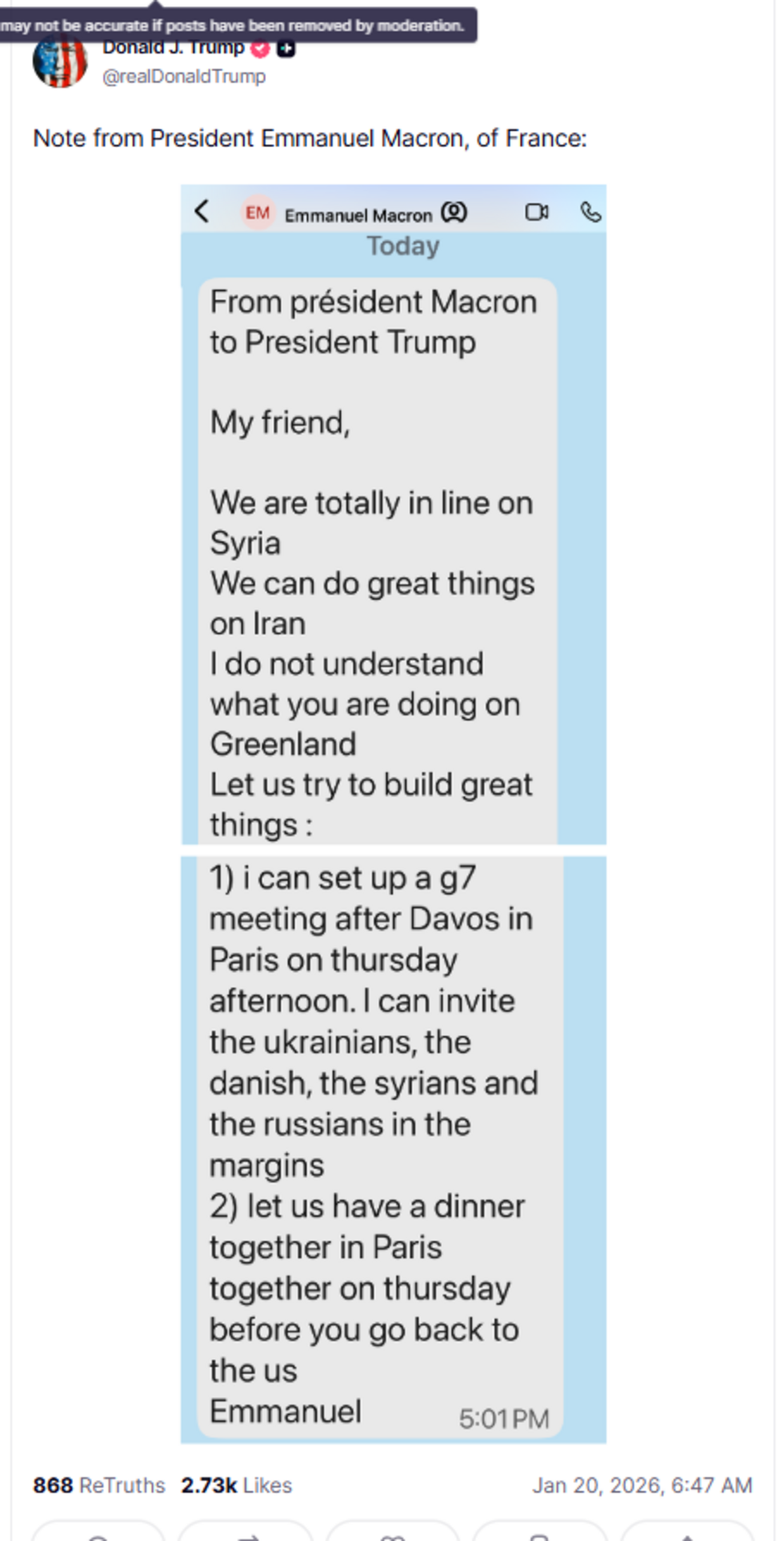 Op 20 januari 2026 plaatste de Amerikaanse president Donald Trump een bericht van zijn Franse collega Emmanuel Macron op zijn Truth Social-netwerk.