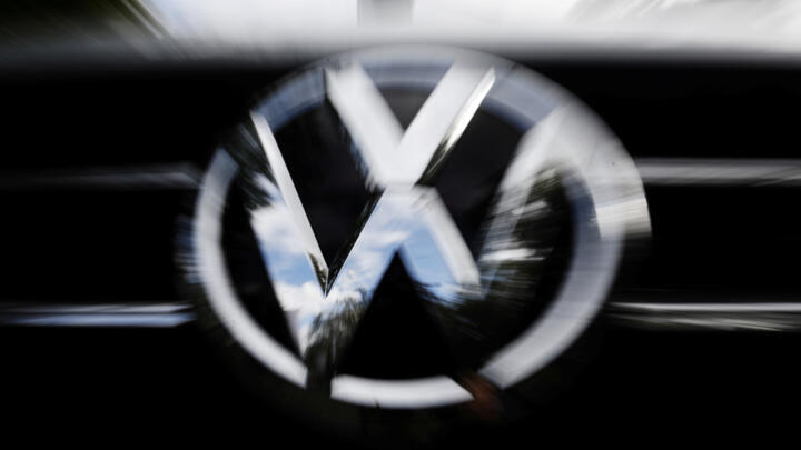 The VW logo seen at the site of the first hearing of a consumer group's class action suit on behalf of Volkswagen owners against VW over the diesel emissions cheating scandal, at the Higher Regional Court in Braunschweig, Germany, on September 30, 2019.