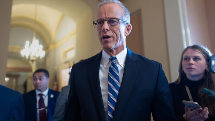 Speaking to reporters, Senate Majority Leader John Thune, R-S.D., responds to Senate Democratic Leader Chuck Schumer to reopen the government if Republicans extend expiring health care subsidies for one year, at the Capitol in Washington, November 7, 2025, day 38 of the government shutdown.