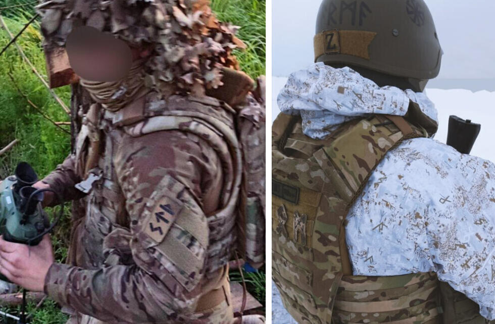 These members of Rusich display a Tyr rune on a patch on the arm (left) and an Odal rune on the back of the tactical vest (right).