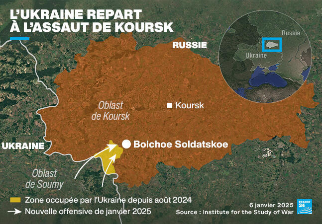 Carte de l'offensive ukrainienne débuté le 5 janvier dans la région russe de Koursk