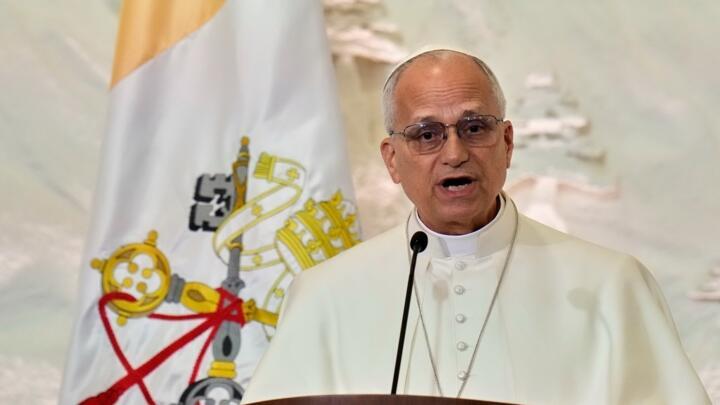 Pope Leo XIV speaks during a welcome ceremony at the presidential palace in Baabda, east of Beirut, Lebanon, Sunday, Nov. 30, 2025.