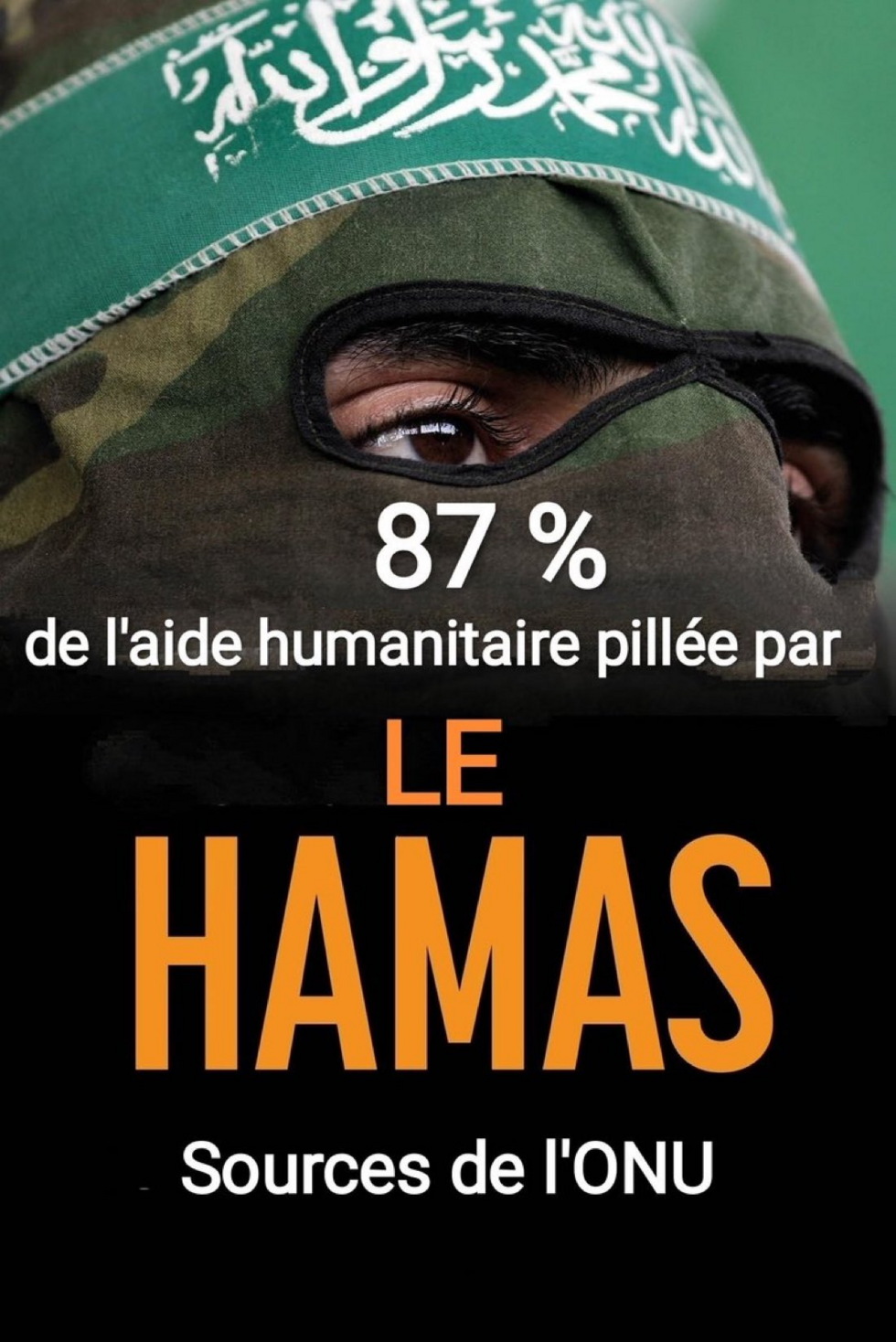 Ce que prétend cette affiche partagée par des internautes pro israéliens est faux :  l'ONU n’a jamais affirmé que 87 % de l’aide humanitaire envoyée à Gaza était pillée par le Hamas.