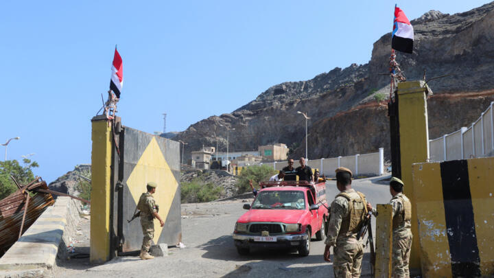 Soldiers loyal to Yemen's separatist Southern Transitional Council stand guard outside the compound of the presidential palace in Aden, on December 9, 2025.