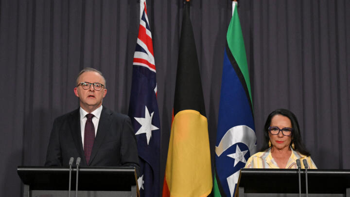 Australian Prime Minister Anthony Albanese and Minister for Indigenous Australians Linda Burney deliver a statement on the outcome of the Voice Referendum at Parliament House in Canberra, Australia on October 14, 2023.