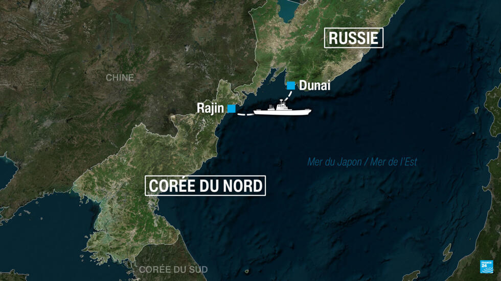 Une carte pour visualiser la route maritime reliant le port nord-coréen de Rajin à celui de Dunai, en Russie.