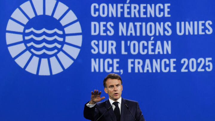 France's President Emmanuel Macron delivers a speech ahead the third United Nations Ocean Conference (UNOC3), in the French riviera city of Nice, on June 8, 2025. 