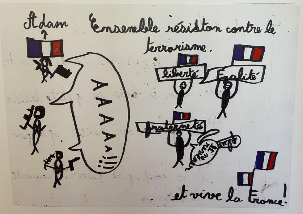 A child's drawing of people 'resisting together against terrorism', following the Paris attacks on November 13, 2015.