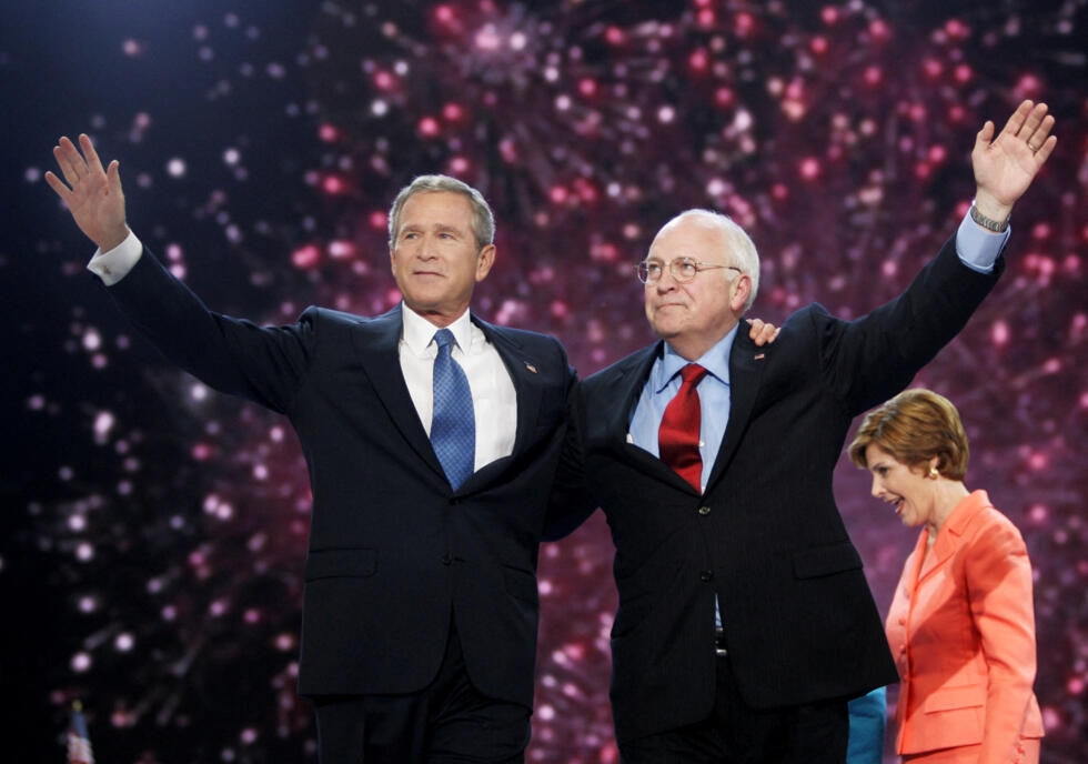 US President George W. Bush and vice president Dick Cheney celebrate at the conclusion of the 2004 Republican National Convention at Madison Square Garden in New York, September 2, 2004.