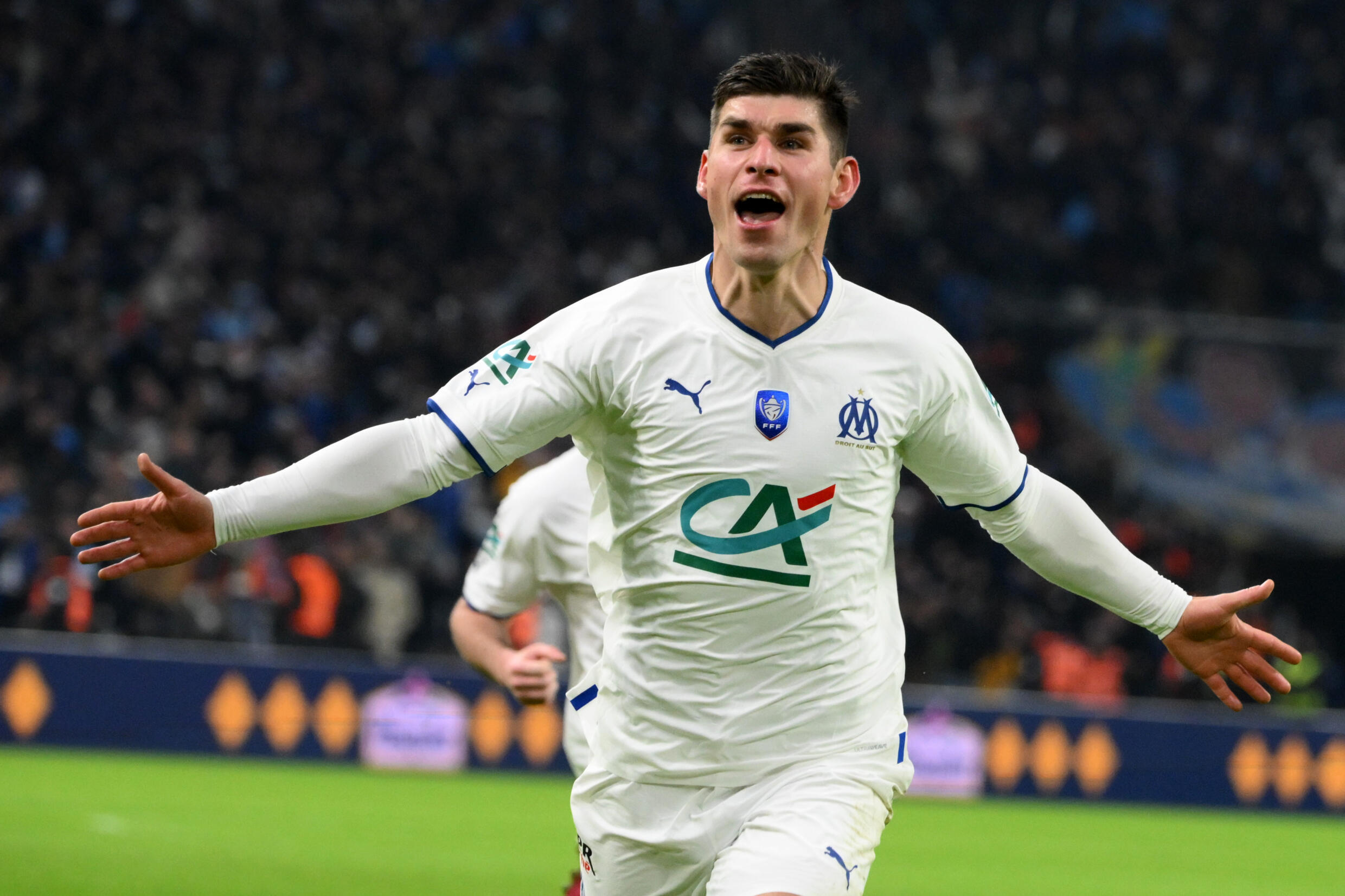 L'Ukrainien Ruslan Malinovskyi auteur du deuxième but marseillais contre Paris, le 8 février 2023 au stade Vélodrome