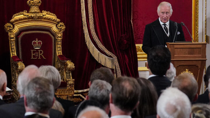 Britain's King Charles III speaks during a meeting of the Accession Council in the Throne Room inside St James's Palace in London on Septembre 10, 2022