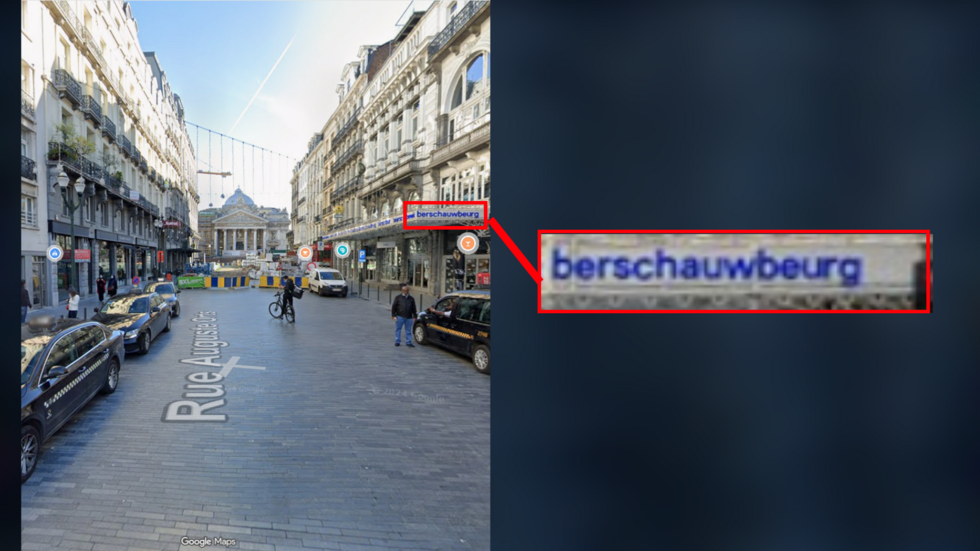 Capture d’écran de la rue Auguste Ots sur Google Maps. Encadré en rouge l’écriteau de l’entrée du Beursschouwburg.