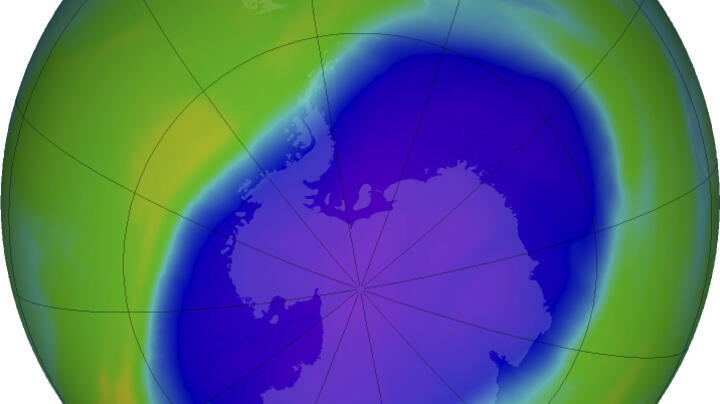File photo: In this NASA false-color image, the blue and purple shows the hole in Earth's protective ozone layer over Antarctica on Oct. 5, 2022.