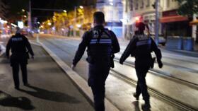 Municipal police forces patrol a street as a night-time curfew for children under 13 has been implemented by decree in the southern city of Nice on April 2, 2024