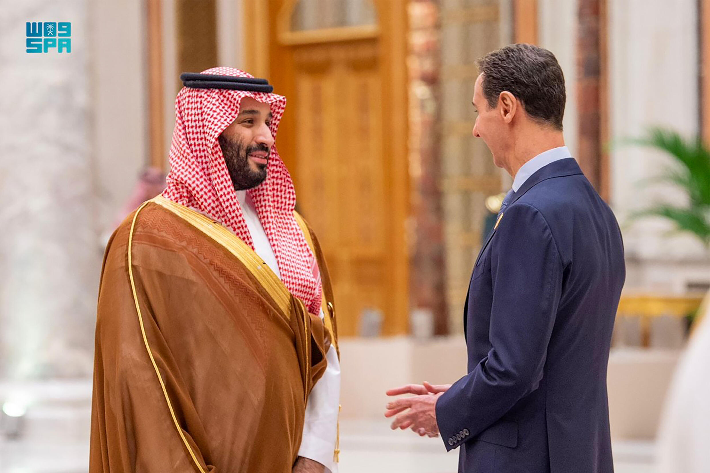 Saudi Arabia's Crown Prince Mohammed bin Salman (left) meets with President Bashar al-Assad of Syria, an Iranian ally, at the Arab League summit on the Gaza war in Riyadh in November.