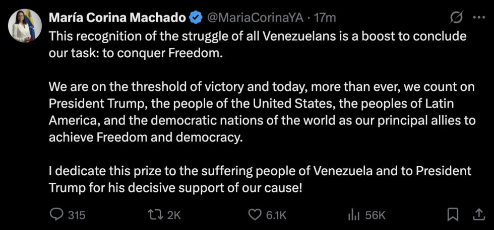 "We are on the threshold of victory," Machado wrote in a post on X.