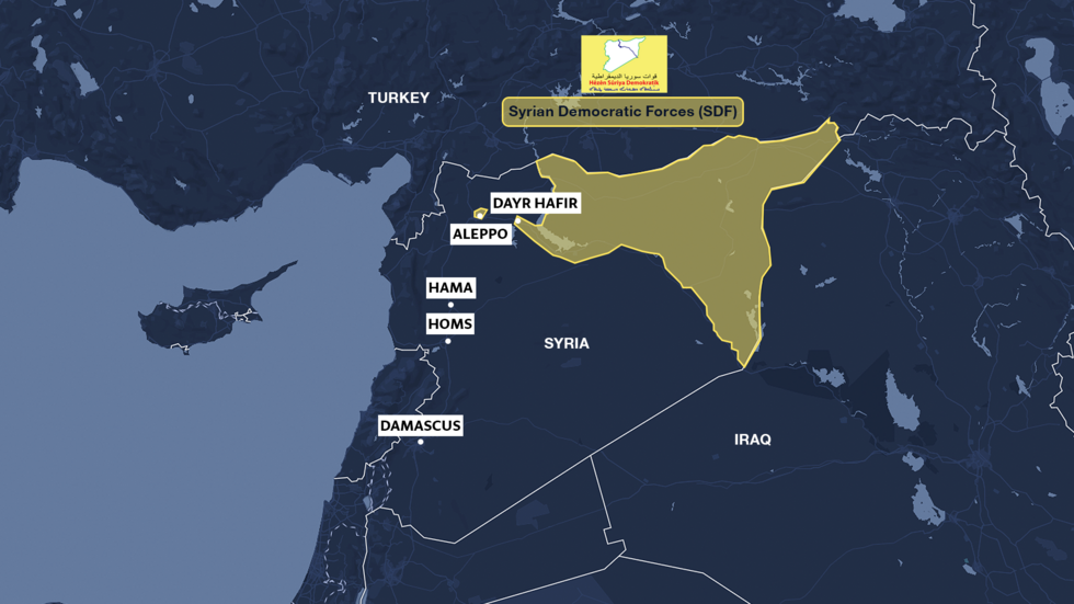 Map showing the zones controlled by the Syrian Democratic Forces (in yellow).