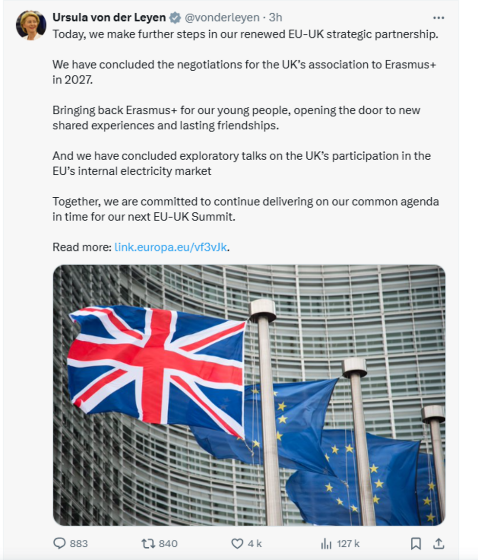 La réaction sur X de la présidente de la Commission européenne Ursula von der Leyen à la réintégration prochaine du Royaume-Uni au programme européen d'échanges universitaires Erasmus.